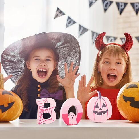 Amyhill 3 Pcs Pink Halloween Table Decor Indoor Cute Ghosts Decorations Wood Plank Signs Halloween Tiered Tray Pink Wooden Ghosts Decor for Home Kitchen Office Party Gifts(Black Cat) in Saudi Arabia