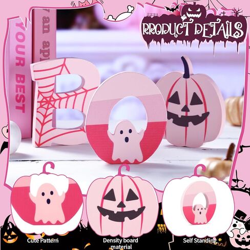 Amyhill 3 Pcs Pink Halloween Table Decor Indoor Cute Ghosts Decorations Wood Plank Signs Halloween Tiered Tray Pink Wooden Ghosts Decor for Home Kitchen Office Party Gifts(Black Cat) in Saudi Arabia