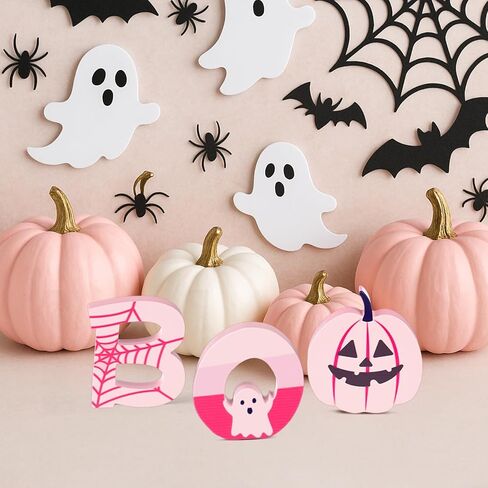 Amyhill 3 Pcs Pink Halloween Table Decor Indoor Cute Ghosts Decorations Wood Plank Signs Halloween Tiered Tray Pink Wooden Ghosts Decor for Home Kitchen Office Party Gifts(Black Cat) in Saudi Arabia