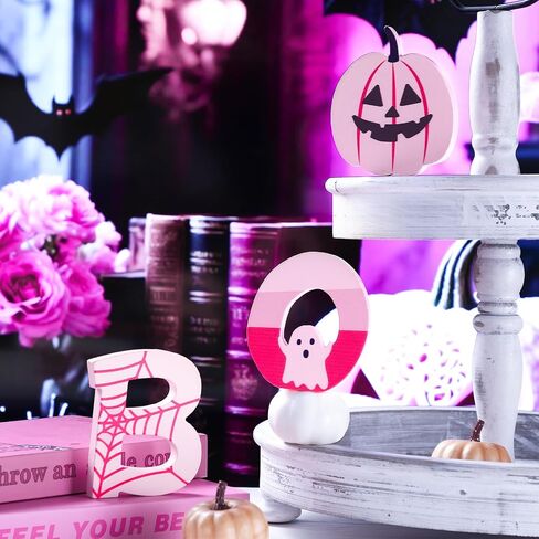 Amyhill 3 Pcs Pink Halloween Table Decor Indoor Cute Ghosts Decorations Wood Plank Signs Halloween Tiered Tray Pink Wooden Ghosts Decor for Home Kitchen Office Party Gifts(Black Cat) in Saudi Arabia