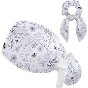 قبعات فرك crfgbsq للنساء على شكل ذيل حصان، قبعات جراحية مع ربطة عنق منتفخة، قبعات فرك قابلة للتعديل للشعر الطويل الممرضة، نحلة صغيرة، نباتات زهرية سلسة على الطراز الهندي متعددة الألوان in Kuwait