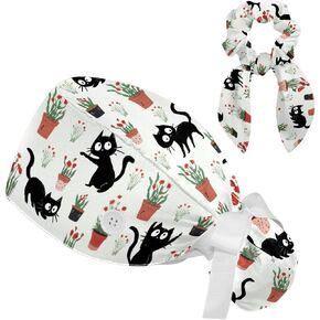 قبعات فرك للنساء على شكل ذيل حصان، قبعات جراحية منتفخة، قبعات فرك قابلة للتعديل للممرضات، القطط السوداء والنباتات الخضراء in Kuwait