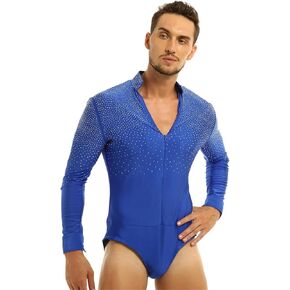 Mens Latin Tango Dance Performance Leotard Costume Lapel Collar Sheer Mesh Ballroom Dancewear Sparkly Rhinestone Bodysuit(Royal Blue B,L) in Saudi Arabia
