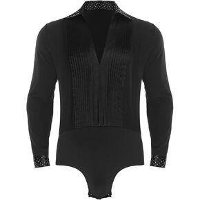 Men Shiny Rhinestones Jazz Leotard Ballroom Latin Dance Competition Costume Long Sleeve Pleated Bodysuit Shirts Dancewear(Black,S) in Saudi Arabia