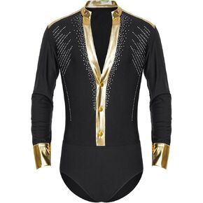 Mens Metallic Shiny Rhinestones Latin Tuxedo Leotard Bodysuit Gymnastics Figure Skating Samba Ballroom Jazz Dance Body Tops(Black,XL) in Saudi Arabia