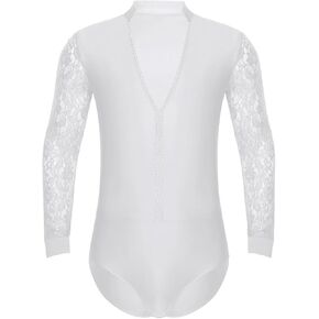 زي رجالي متلألئ بأحجار الراين اللاتينية لأداء الرقص في قاعة الرقص وأكمام طويلة وقميص تانجو لاتيني (عاجي، L) in Kuwait