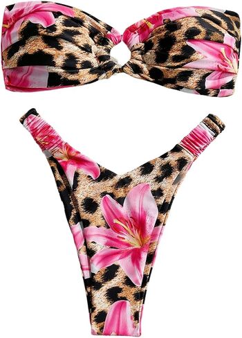 GORGLITTER Women's Strapless Bandeau Bikini Sets Cheetah Leopard Print High Cut String Thong Swimsuits in Saudi Arabia
