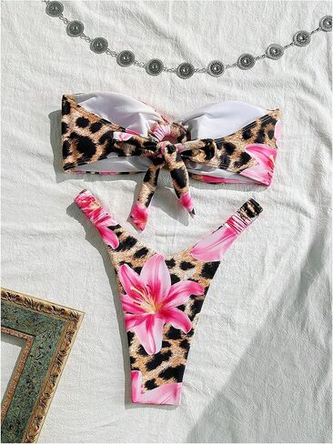 GORGLITTER Women's Strapless Bandeau Bikini Sets Cheetah Leopard Print High Cut String Thong Swimsuits in Saudi Arabia