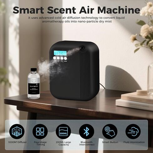 Hotel Scent Diffuser, House Scent Machine, 10000 Sq.Ft of Coverage, 200ml Large Capacity Aromatherapy Machine, Scent Diffusers for Home Large Room, Office Waterless Essential Oil Diffuser, Black in Kuwait