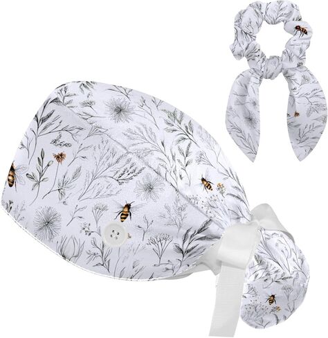قبعات فرك crfgbsq للنساء على شكل ذيل حصان، قبعات جراحية مع ربطة عنق منتفخة، قبعات فرك قابلة للتعديل للشعر الطويل الممرضة، نحلة صغيرة، نباتات زهرية سلسة على الطراز الهندي متعددة الألوان in Kuwait