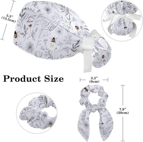 قبعات فرك crfgbsq للنساء على شكل ذيل حصان، قبعات جراحية مع ربطة عنق منتفخة، قبعات فرك قابلة للتعديل للشعر الطويل الممرضة، نحلة صغيرة، نباتات زهرية سلسة على الطراز الهندي متعددة الألوان in Kuwait