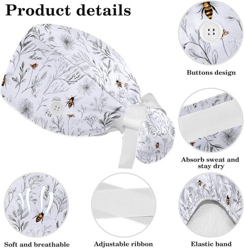 قبعات فرك crfgbsq للنساء على شكل ذيل حصان، قبعات جراحية مع ربطة عنق منتفخة، قبعات فرك قابلة للتعديل للشعر الطويل الممرضة، نحلة صغيرة، نباتات زهرية سلسة على الطراز الهندي متعددة الألوان in Kuwait