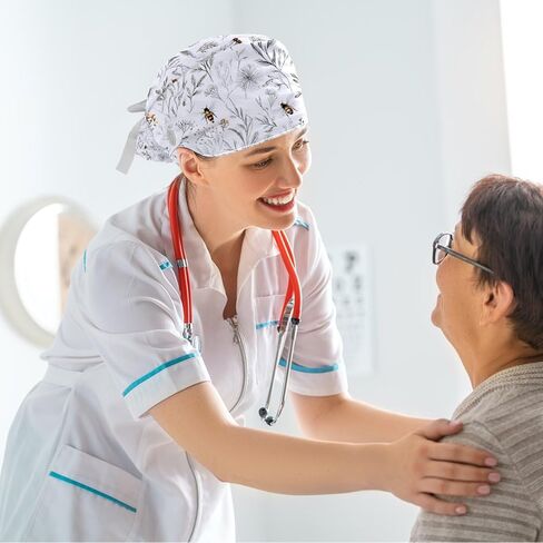 قبعات فرك crfgbsq للنساء على شكل ذيل حصان، قبعات جراحية مع ربطة عنق منتفخة، قبعات فرك قابلة للتعديل للشعر الطويل الممرضة، نحلة صغيرة، نباتات زهرية سلسة على الطراز الهندي متعددة الألوان in Kuwait