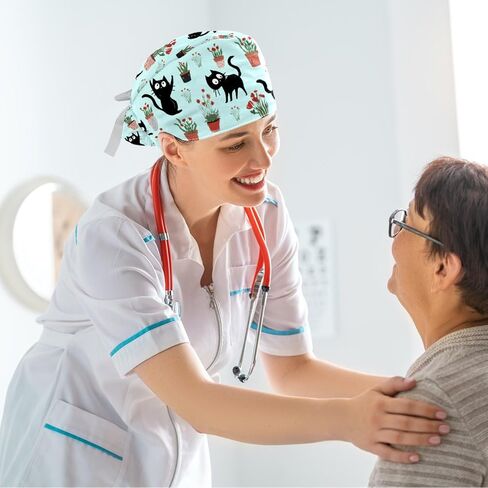 قبعات فرك للنساء على شكل ذيل حصان، قبعات جراحية منتفخة، قبعات فرك قابلة للتعديل للممرضات، القطط السوداء والنباتات الخضراء in Kuwait