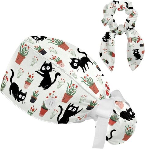 قبعات فرك للنساء على شكل ذيل حصان، قبعات جراحية منتفخة، قبعات فرك قابلة للتعديل للممرضات، القطط السوداء والنباتات الخضراء in Kuwait