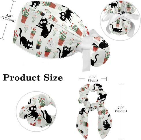 قبعات فرك للنساء على شكل ذيل حصان، قبعات جراحية منتفخة، قبعات فرك قابلة للتعديل للممرضات، القطط السوداء والنباتات الخضراء in Kuwait