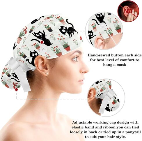 قبعات فرك للنساء على شكل ذيل حصان، قبعات جراحية منتفخة، قبعات فرك قابلة للتعديل للممرضات، القطط السوداء والنباتات الخضراء in Kuwait