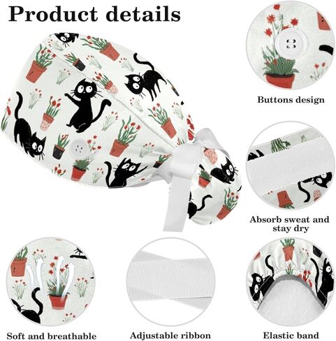 قبعات فرك للنساء على شكل ذيل حصان، قبعات جراحية منتفخة، قبعات فرك قابلة للتعديل للممرضات، القطط السوداء والنباتات الخضراء in Kuwait