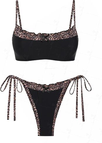 Vintage Gingham Ruched Ruffles Trim Bowknot Decor Tie Side Bikini Set in Saudi Arabia