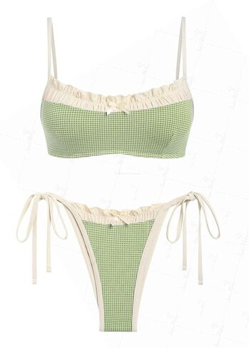 خمر القماش القطني Ruched الكشكشة تقليم Bowknot ديكور التعادل الجانب بيكيني مجموعة in Kuwait
