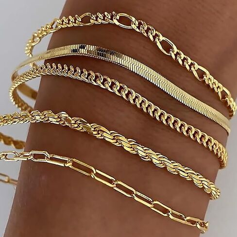 Women 14K Gold Jewelry Bracelets Sets - Trendy Thin Danity Chain Stackable Cuban Link Paperclip Fashion Accessories for Women Gifts in Saudi Arabia