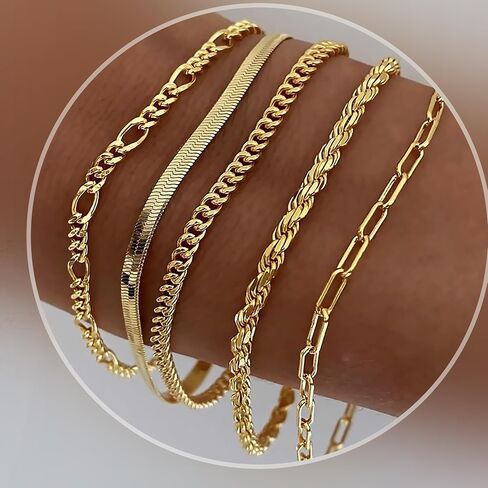 Women 14K Gold Jewelry Bracelets Sets - Trendy Thin Danity Chain Stackable Cuban Link Paperclip Fashion Accessories for Women Gifts in Saudi Arabia