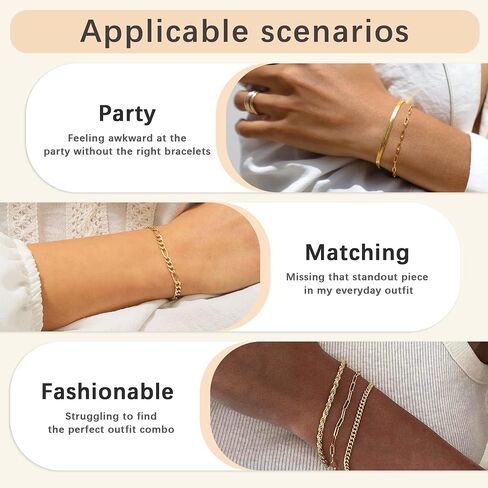 Women 14K Gold Jewelry Bracelets Sets - Trendy Thin Danity Chain Stackable Cuban Link Paperclip Fashion Accessories for Women Gifts in Saudi Arabia