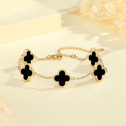 18K Gold Plated Clover Lucky Bracelet for Women Gold White Black Pink Green Red Blue Adjustable Double Sided Flower Four Leaf Link Bracelets Trendy Jewelry Gifts for Women Men in Saudi Arabia