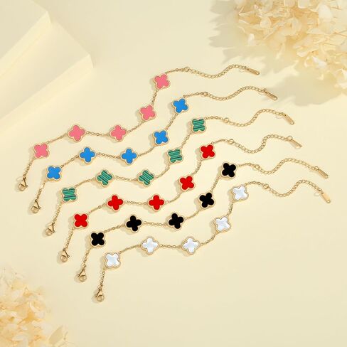 18K Gold Plated Clover Lucky Bracelet for Women Gold White Black Pink Green Red Blue Adjustable Double Sided Flower Four Leaf Link Bracelets Trendy Jewelry Gifts for Women Men in Saudi Arabia