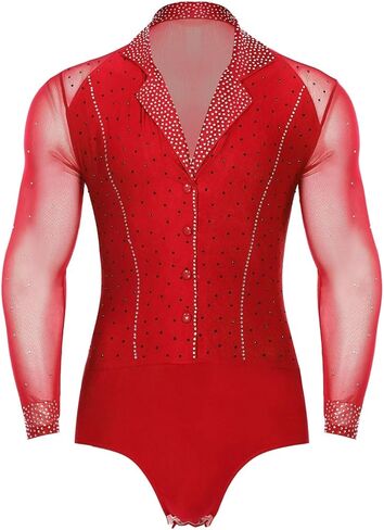 زي رقص التانجو اللاتيني للرجال، زي الرقص على شكل طية صدر السترة، ياقة شبكية شفافة، ملابس رقص بحجر الراين اللامع (أحمر A، XL) in Kuwait