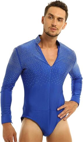 Mens Latin Tango Dance Performance Leotard Costume Lapel Collar Sheer Mesh Ballroom Dancewear Sparkly Rhinestone Bodysuit(Royal Blue B,L) in Saudi Arabia