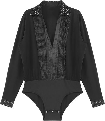 Men Shiny Rhinestones Jazz Leotard Ballroom Latin Dance Competition Costume Long Sleeve Pleated Bodysuit Shirts Dancewear(Black,S) in Saudi Arabia