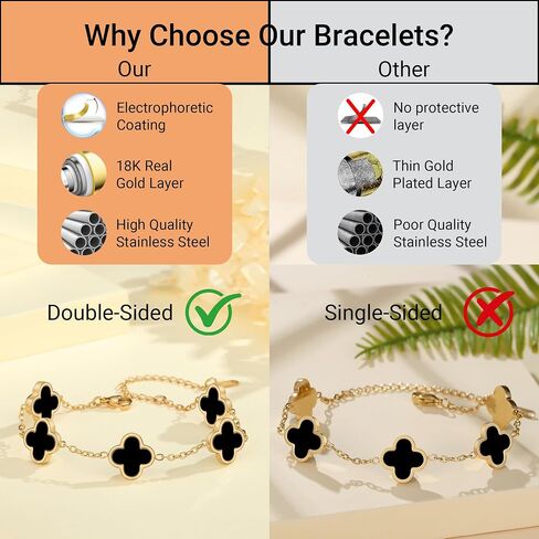 18K Gold Plated Clover Lucky Bracelet for Women Gold White Black Pink Green Red Blue Adjustable Double Sided Flower Four Leaf Link Bracelets Trendy Jewelry Gifts for Women Men in Saudi Arabia