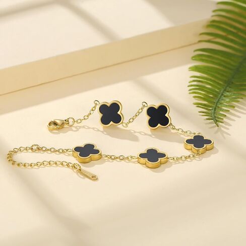 18K Gold Plated Clover Lucky Bracelet for Women Gold White Black Pink Green Red Blue Adjustable Double Sided Flower Four Leaf Link Bracelets Trendy Jewelry Gifts for Women Men in Saudi Arabia