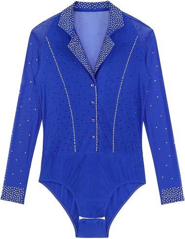زي رقص التانغو اللاتيني للرجال، زي رقص الباليه وياقة طية صدر السترة، ملابس رقص شبكية شفافة بحجر الراين اللامع (أزرق ملكي B، XXL) in Kuwait