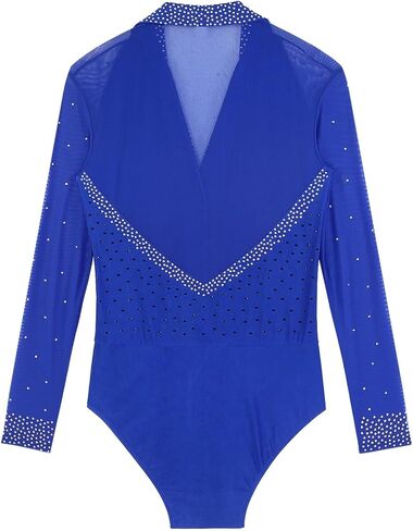 زي رقص التانغو اللاتيني للرجال، زي رقص الباليه وياقة طية صدر السترة، ملابس رقص شبكية شفافة بحجر الراين اللامع (أزرق ملكي B، XXL) in Kuwait