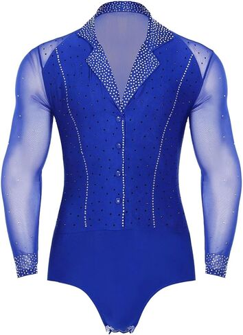 Mens Latin Tango Dance Performance Leotard Costume Lapel Collar Sheer Mesh Ballroom Dancewear Sparkly Rhinestone Bodysuit(Royal Blue B,M) in Saudi Arabia
