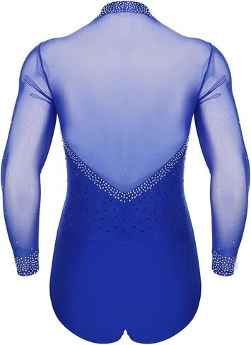 Mens Latin Tango Dance Performance Leotard Costume Lapel Collar Sheer Mesh Ballroom Dancewear Sparkly Rhinestone Bodysuit(Royal Blue B,M) in Saudi Arabia