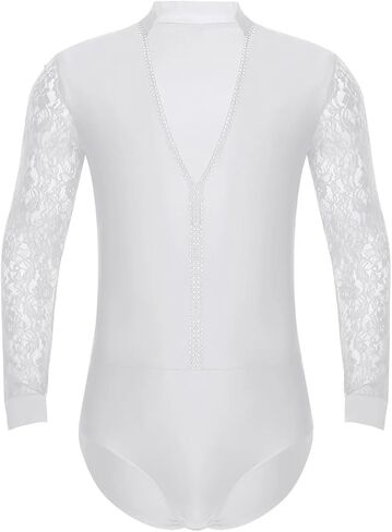 زي رجالي متلألئ بأحجار الراين اللاتينية لأداء الرقص في قاعة الرقص وأكمام طويلة وقميص تانجو لاتيني (عاجي، L) in Kuwait