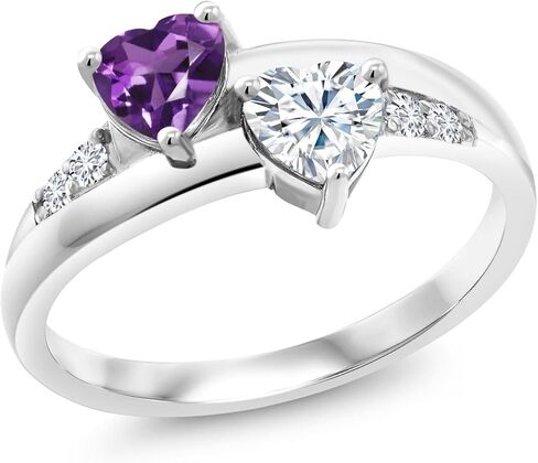 Gem Stone King 0.92 Cttw Heart Shape Purple Amethyst White Moissanite and Lab Grown Diamond Ring for Women | 925 Sterling Silver | Heart 5MM | Gemstone Birthstone | Available In Size 5, 6, 7, 8, 9 in Saudi Arabia