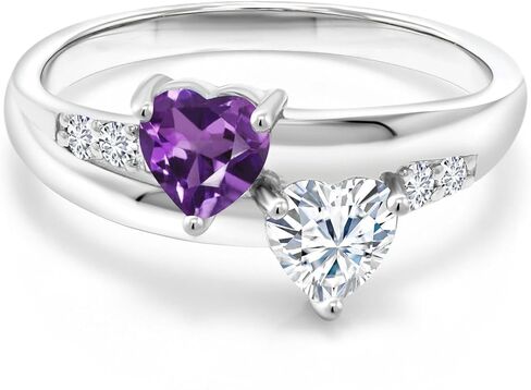 Gem Stone King 0.92 Cttw Heart Shape Purple Amethyst White Moissanite and Lab Grown Diamond Ring for Women | 925 Sterling Silver | Heart 5MM | Gemstone Birthstone | Available In Size 5, 6, 7, 8, 9 in Saudi Arabia