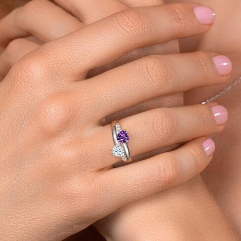 Gem Stone King 0.92 Cttw Heart Shape Purple Amethyst White Moissanite and Lab Grown Diamond Ring for Women | 925 Sterling Silver | Heart 5MM | Gemstone Birthstone | Available In Size 5, 6, 7, 8, 9 in Saudi Arabia