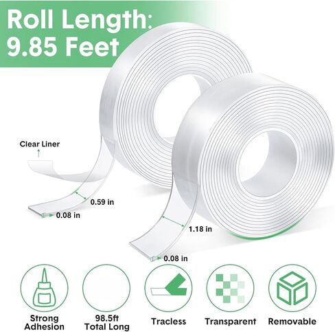 Thenshop 10 Rolls Double Sided Tape Heavy Duty 0.59 in + 1.18 in Total 98.5 ft Two Sided Adhesive Tape Transparent DIY Nano Tape for Wall Carpet Photo Car Posters Party Decoration in Saudi Arabia