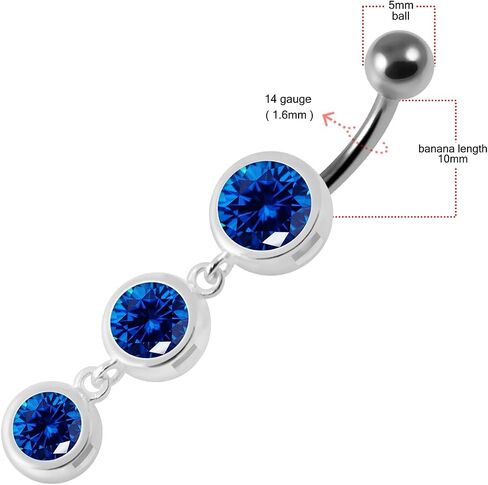 Cz Gemstones Stylish Triple Full Set Round Gems Dangling Design 925 Sterling Silver with Stainless Steel Belly Ring - Belly Button jewelry - Navel jewelry in Saudi Arabia