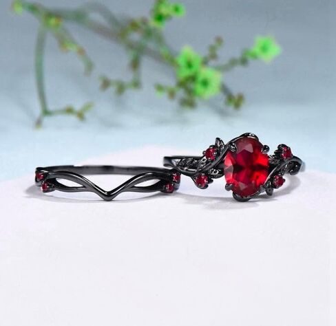 Art deco oval shape red garnet engagement ring set vintage silver ring womens ring anniversary ring 2pcs bridal ring set promise ring for her in Saudi Arabia