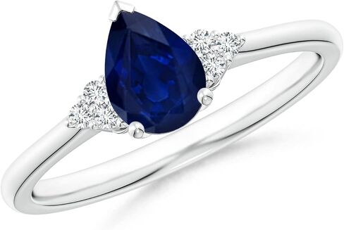 Angara Natural Blue Sapphire Pear Shaped Solitaire Ring with Trio Diamond Accents for Women in 14K White Gold | Birthday, Engagement, Anniversary, Wedding Jewelry Gift for Women in Saudi Arabia