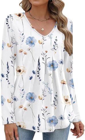 Women Long Sleeve Top V Neck Casual Shirt Loose Fit Fall Blouse Trendy Tunic Clothes 2025 in Kuwait