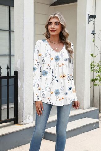 Women Long Sleeve Top V Neck Casual Shirt Loose Fit Fall Blouse Trendy Tunic Clothes 2025 in Kuwait