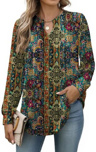 Women Long Sleeve Top V Neck Casual Shirt Loose Fit Fall Blouse Trendy Tunic Clothes 2025 in Saudi Arabia
