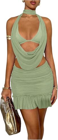 Floerns Women's 2 Piece Outfit Summer Draped Halter Tops Ruffle Trim Mini Skirt Set in Saudi Arabia